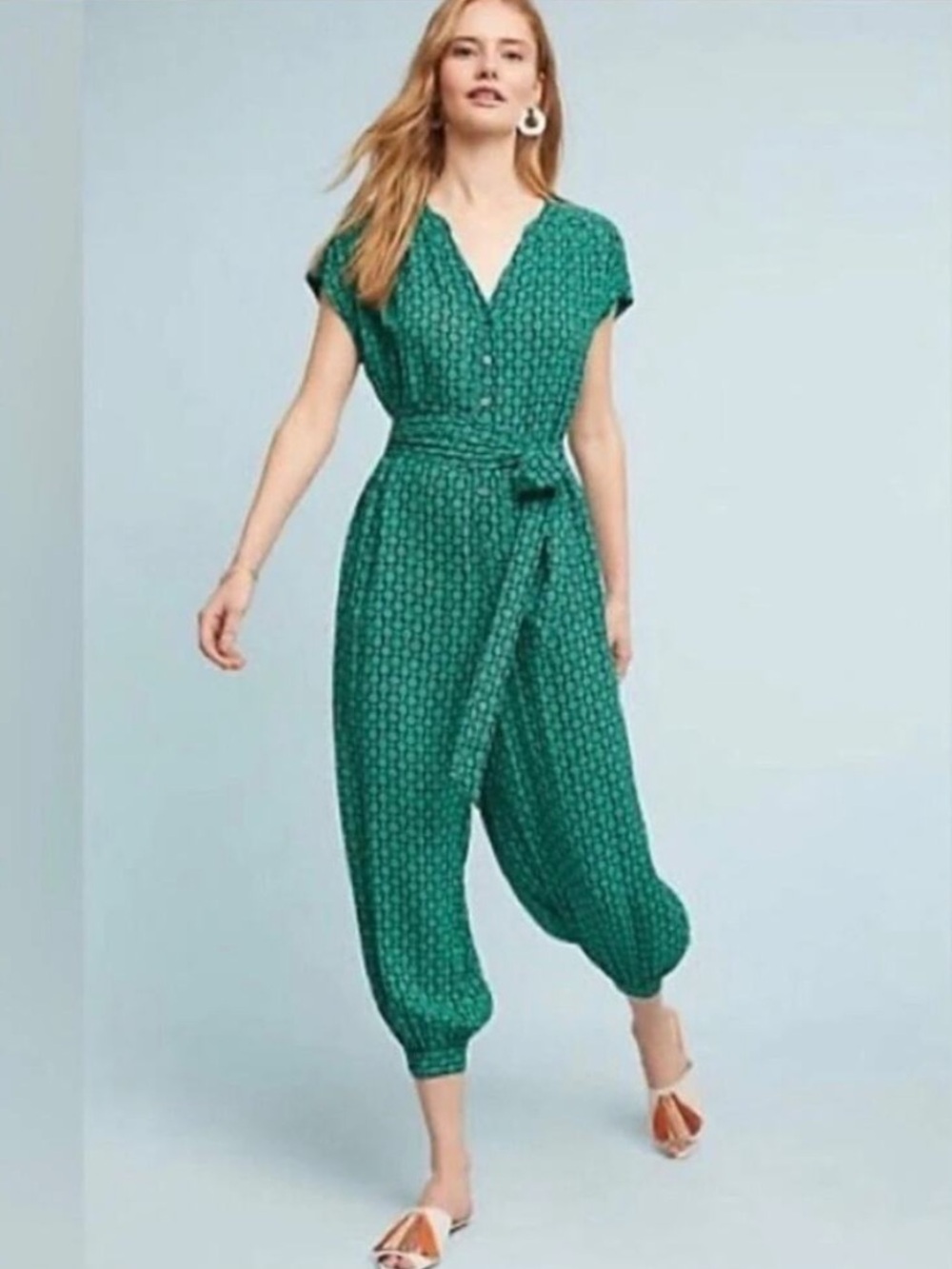 Anthropologie Maeve Geoscope Jumpsuit Green Teal Boho Size XS